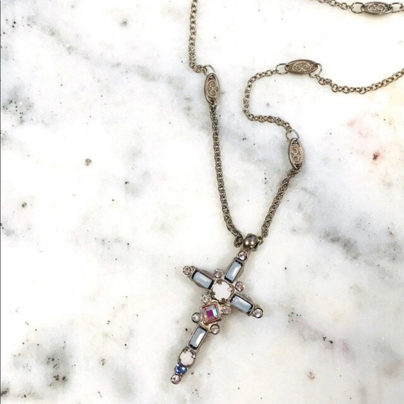 Sorrelli Glacier Blue Crystal Cross Necklace with antique silver finish - Picture 5 of 12